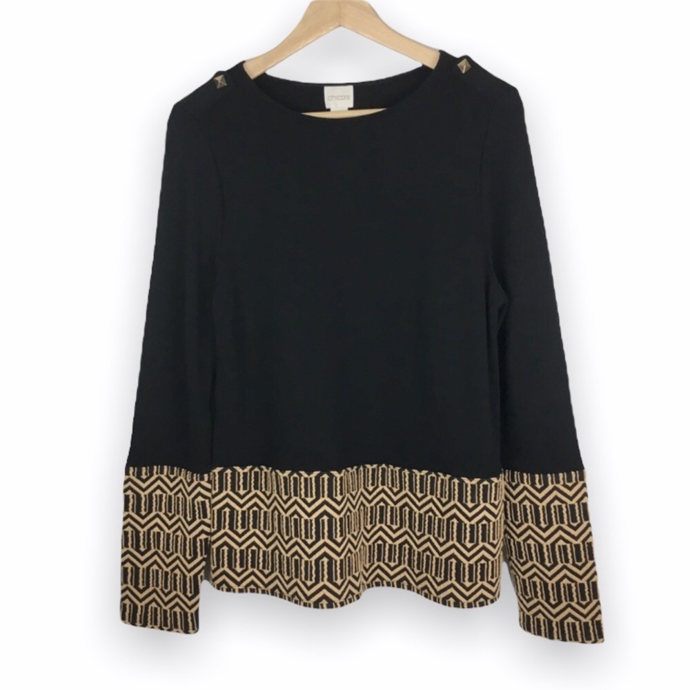 Chicos‎ Womens Medium Black And Tan Geometric Embroidered Long Sleeve Top Shirt